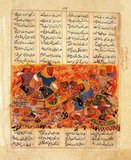 Very little Islamic painting has been preserved from the Delhi Sultanate before the establishment of  the Mughals in 1526.<br/><br/>

This painting comes from a manuscript made by an artist who was clearly influenced by the Jain art of western India. Both the intense colours and the depiction of figures differ from those found in other Islamic painting.<br/><br/>

Rustam is portrayed without his customary leopard helmet and tiger kaftan. His opponent, the Turk Alkus, is portrayed with the whites of his eyes showing as he dies.