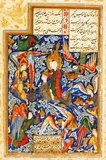 The Isra and Mi'raj (Arabic: الإسراء والمعراج‎, transl. al-ʾIsrāʾ wa l-Miʿrāğ), are the two parts of a Night Journey that, according to Islamic tradition, the Prophet Muhammad took during a single night around the year 621. It considered as both a physical and spiritual journey.<br/><br/>

A brief outline of the story is related in surah 17 'Al-Isra' of the Qur'an, and other details come from the Hadith, supplemental accounts of the life ofthe Prophet Muhammad recorded by his companions. In the journey, the Prophet Muhammad travels on the celestial mount Al-Buraq to 'the farthest temple' (Holy Temple of Al-Quds or Jerusalem) where he leads other prophets in prayer. He then ascends through the seven heavens where he speaks to God, who gives Muhammad instructions to take back to the faithful on Earth about the number of times to offer prayers each day.<br/><br/>

According to traditions, the Journey is associated with the Lailat al Miraj, as one of the most significant events in the Islamic calendar.<br/><br/>

Representations of the Prophet Muhammad are controversial, and generally forbidden in Sunni Islam (especially Hanafiyya, Wahabi, Salafiyya). Shia Islam and some other branches of Sunni Islam (Hanbali, Maliki, Shafi'i) are generally more tolerant of such representational images, but even so the Prophet's features are generally veiled or concealed by flames as a mark of deep respect.